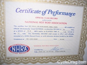 Dave Schultz NHRA Record Certificate