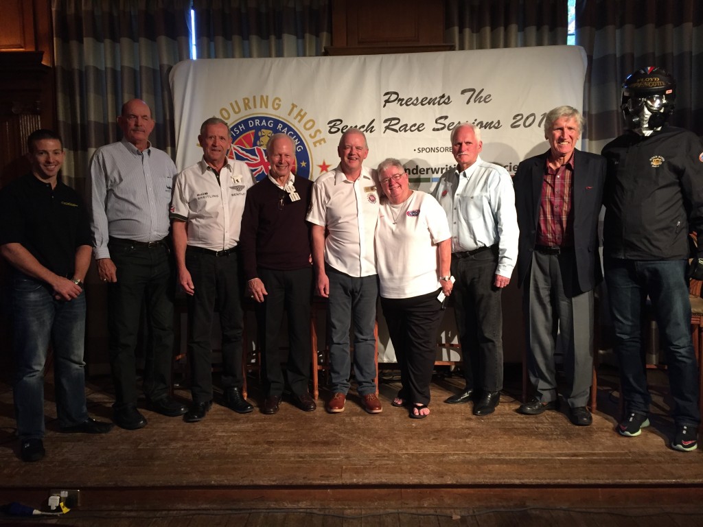 British Drag Racing Hall of Fame bench racing session - Jack Korpela (Cycledrag.com), "Waterbed" Fred Miller (Blue Max Funny Car team), Fred Larsen (Sundance Kid Funny Car), Bruce Larson (1989 NHRA Funny Car champ, USA-1), Geoff Stilwell (former Pro Stock Motorcycle racer, British Hall of Fame), Eileen Daniels (58 years with NHRA), Ron Hope (AA Fuel Altered "Rat Trap"), Bob Muravez and his alter ego Floyd Lippencotte (Driver of Freight Train)