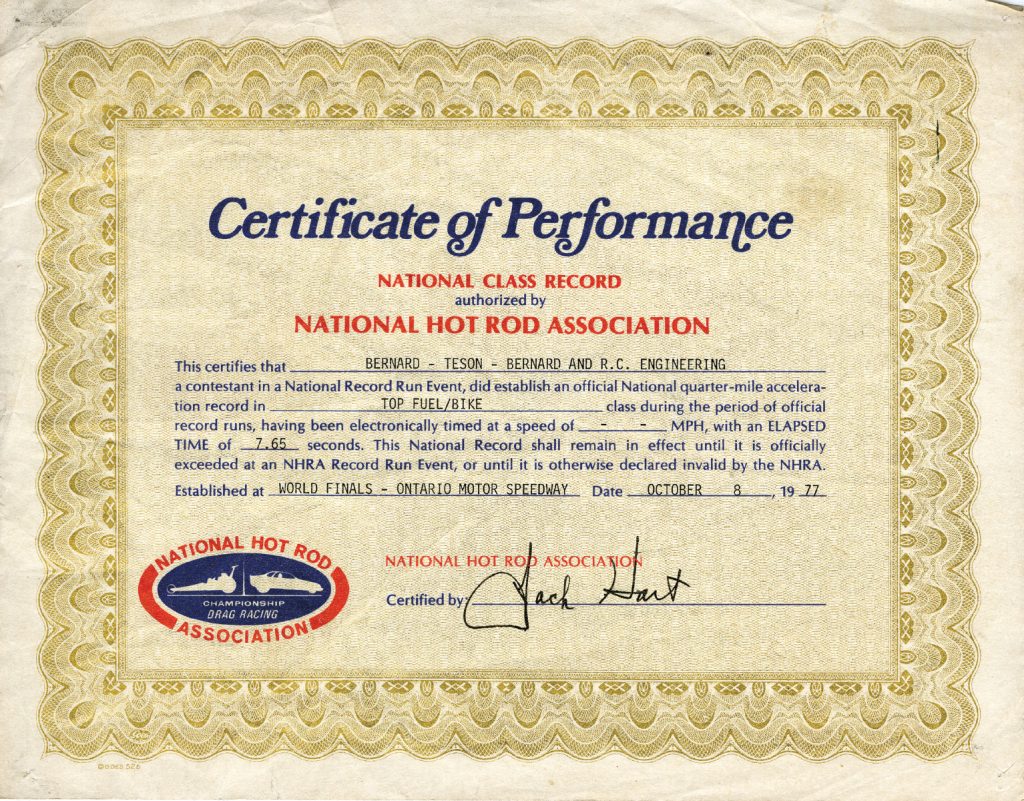 NHRA Dragbike Certificate of Performance, RC Engineering