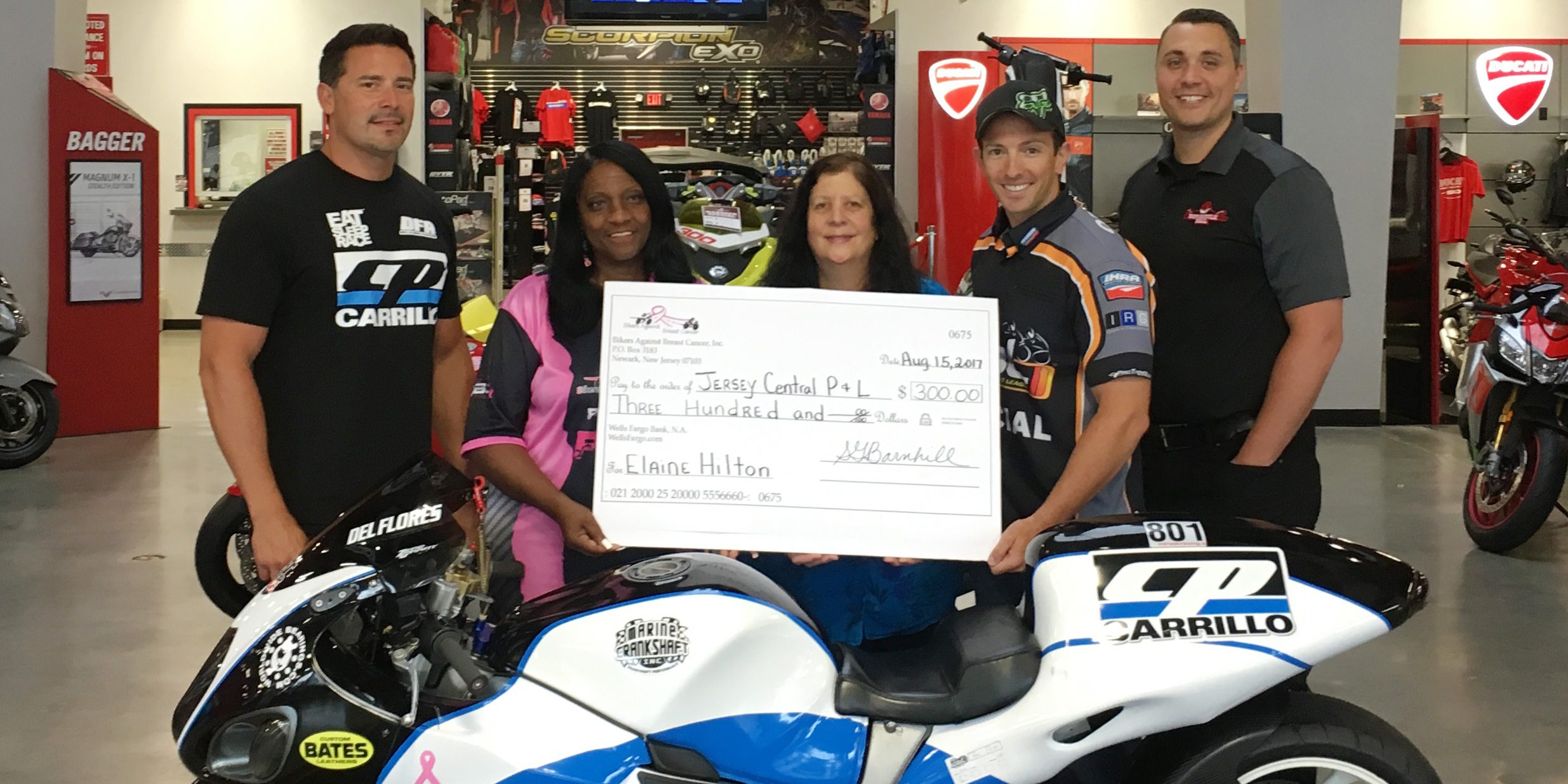 Real Street racer Del Flores, Shelia Green-Barnhill from Bikers Against Breast Cancer, Breast Cancer Patient Elaine Hilton, IDBL President Jack Korpela, Rich Gonnello