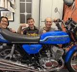 Jack Korpela, Nori Miyata and Steve Garraffa and his restored 1972 Kawasaki H2 750