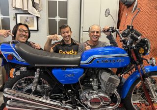 Jack Korpela, Nori Miyata and Steve Garraffa and his restored 1972 Kawasaki H2 750