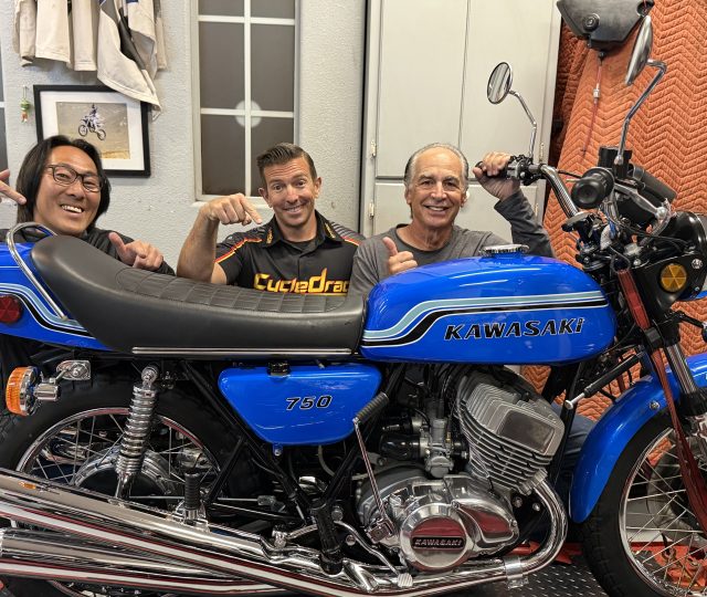 Jack Korpela, Nori Miyata and Steve Garraffa and his restored 1972 Kawasaki H2 750