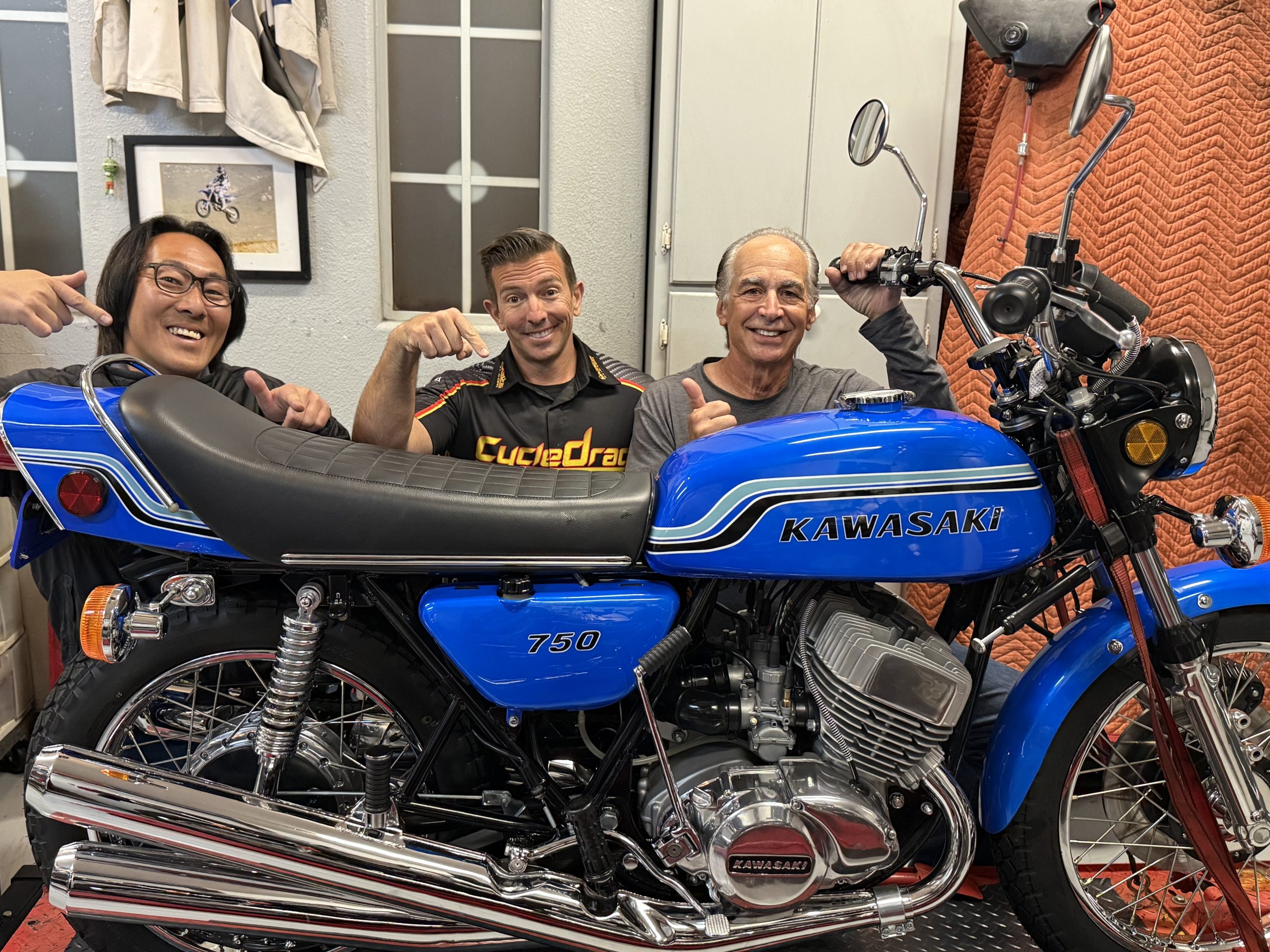 Jack Korpela, Nori Miyata and Steve Garraffa and his restored 1972 Kawasaki H2 750